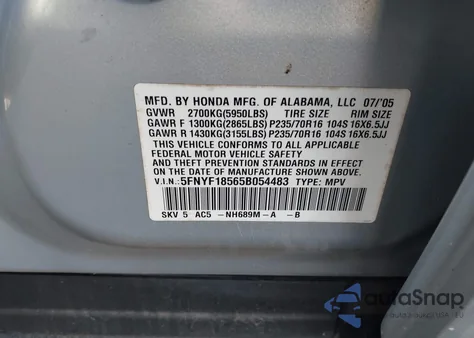 2005 Honda Pilot Ex-L из США, поврежденный, VIN 5FNYF18565B054483